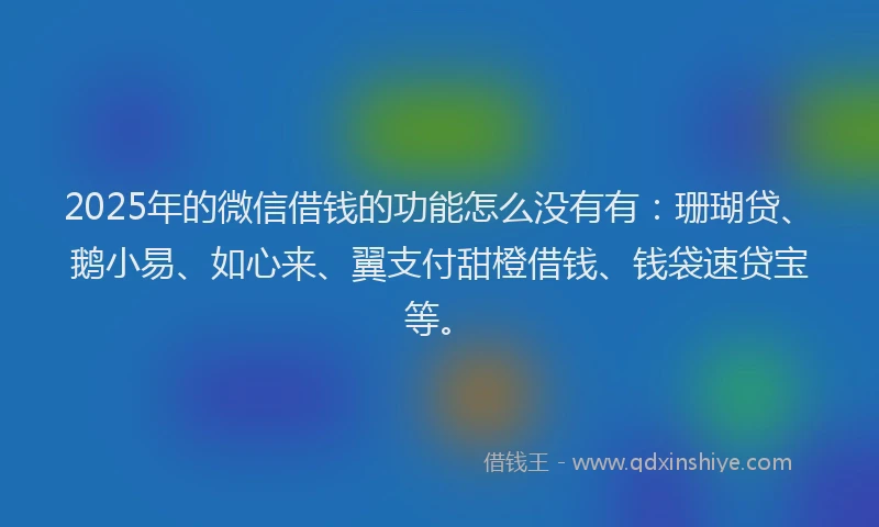 2025年的微信借钱的功能怎么没有有：珊瑚贷、鹅小易、如心来、翼支付甜橙借钱、钱袋速贷宝等。