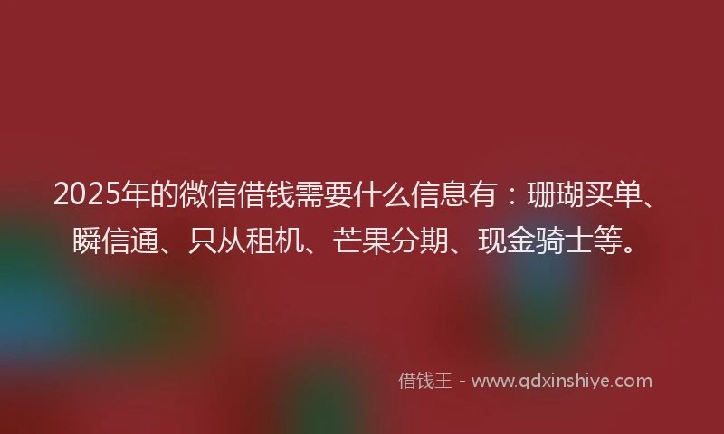 2025年的微信借钱需要什么信息有：珊瑚买单、瞬信通、只从租机、芒果分期、现金骑士等。