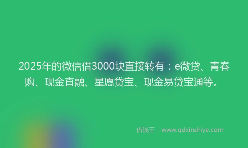 2025年的微信借3000块直接转有：e微贷、青春购、现金直融、星愿贷宝、现金易贷宝通等。