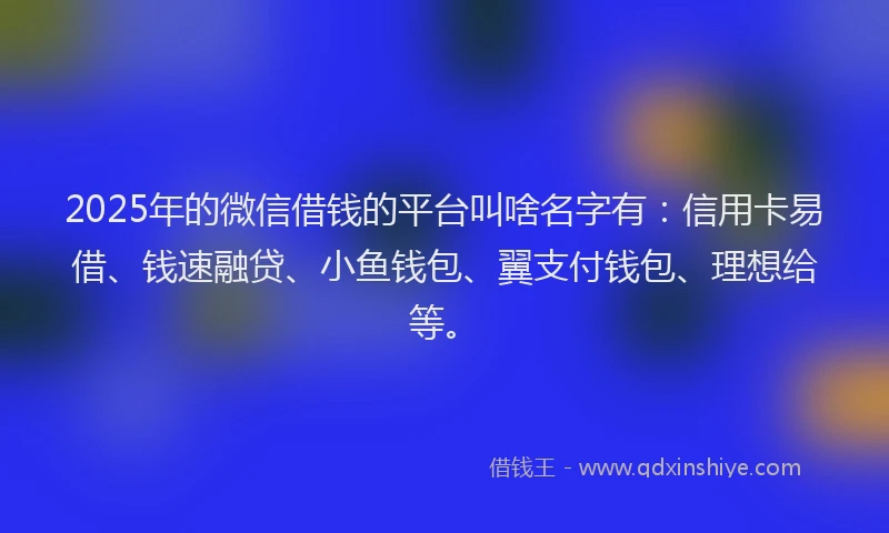 2025年的微信借钱的平台叫啥名字有：信用卡易借、钱速融贷、小鱼钱包、翼支付钱包、理想给等。