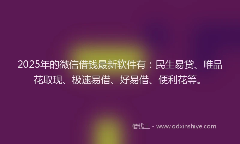 2025年的微信借钱最新软件有：民生易贷、唯品花取现、极速易借、好易借、便利花等。