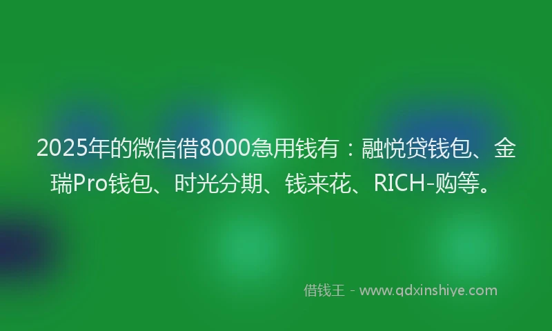 2025年的微信借8000急用钱有：融悦贷钱包、金瑞Pro钱包、时光分期、钱来花、RICH-购等。