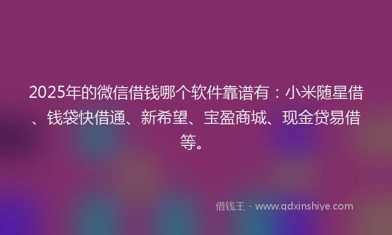 2025年的微信借钱哪个软件靠谱有：小米随星借、钱袋快借通、新希望、宝盈商城、现金贷易借等。