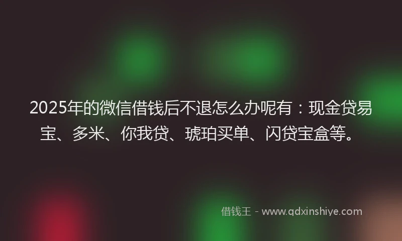 2025年的微信借钱后不退怎么办呢有：现金贷易宝、多米、你我贷、琥珀买单、闪贷宝盒等。