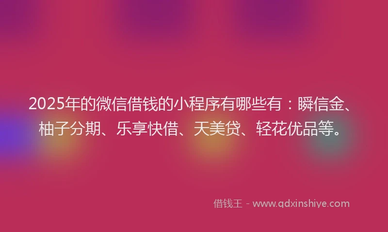 2025年的微信借钱的小程序有哪些有：瞬信金、柚子分期、乐享快借、天美贷、轻花优品等。