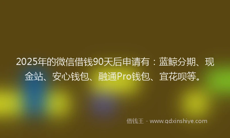 2025年的微信借钱90天后申请有：蓝鲸分期、现金站、安心钱包、融通Pro钱包、宜花呗等。