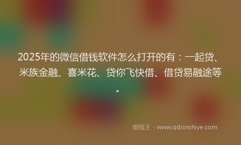 2025年的微信借钱软件怎么打开的有：一起贷、米族金融、喜米花、贷你飞快借、借贷易融途等。