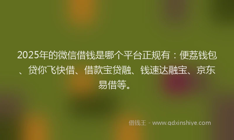 2025年的微信借钱是哪个平台正规有：便荔钱包、贷你飞快借、借款宝贷融、钱速达融宝、京东易借等。