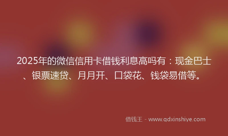 2025年的微信信用卡借钱利息高吗有：现金巴士、银票速贷、月月开、口袋花、钱袋易借等。