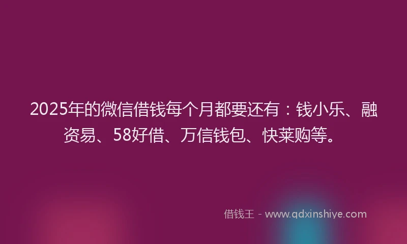 2025年的微信借钱每个月都要还有：钱小乐、融资易、58好借、万信钱包、快莱购等。