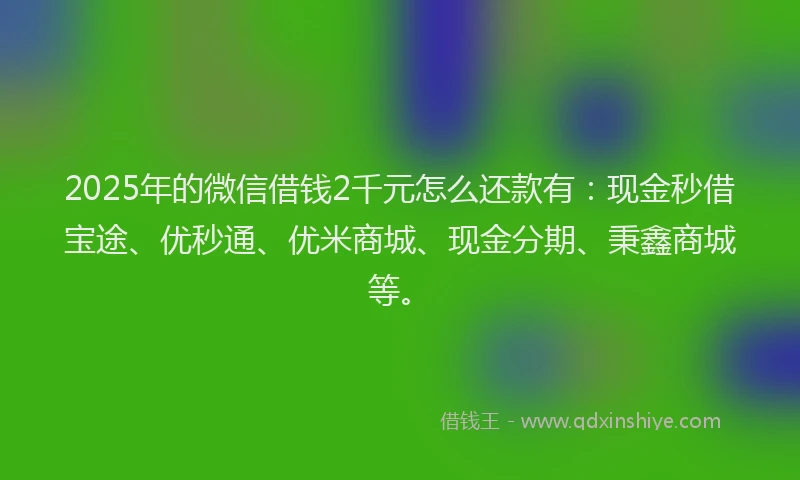 2025年的微信借钱2千元怎么还款有：现金秒借宝途、优秒通、优米商城、现金分期、秉鑫商城等。