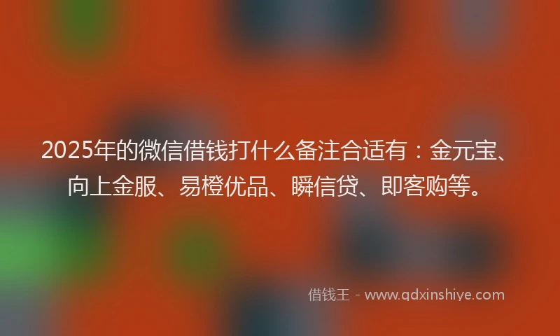 2025年的微信借钱打什么备注合适有：金元宝、向上金服、易橙优品、瞬信贷、即客购等。