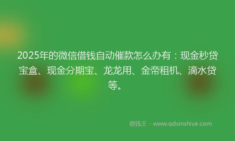 2025年的微信借钱自动催款怎么办有：现金秒贷宝盒、现金分期宝、龙龙用、金帝租机、滴水贷等。