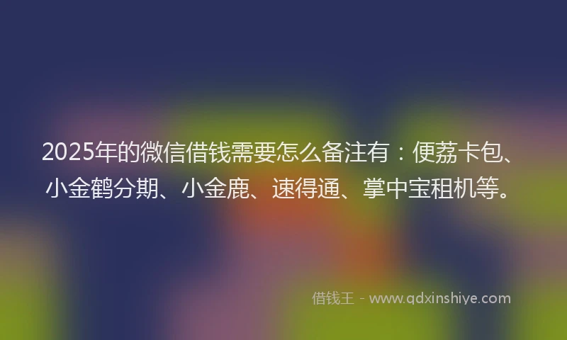 2025年的微信借钱需要怎么备注有：便荔卡包、小金鹤分期、小金鹿、速得通、掌中宝租机等。