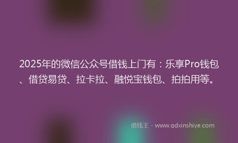 2025年的微信公众号借钱上门有：乐享Pro钱包、借贷易贷、拉卡拉、融悦宝钱包、拍拍用等。