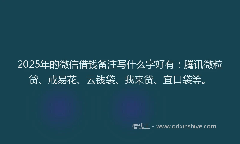 2025年的微信借钱备注写什么字好有：腾讯微粒贷、戒易花、云钱袋、我来贷、宜口袋等。