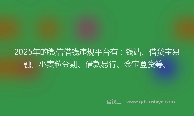 2025年的微信借钱违规平台有：钱站、借贷宝易融、小麦粒分期、借款易行、金宝盒贷等。