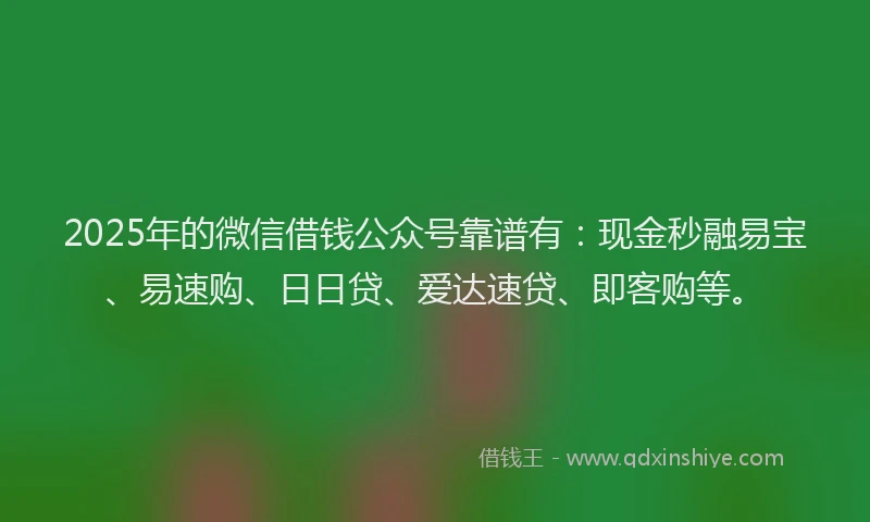 2025年的微信借钱公众号靠谱有：现金秒融易宝、易速购、日日贷、爱达速贷、即客购等。