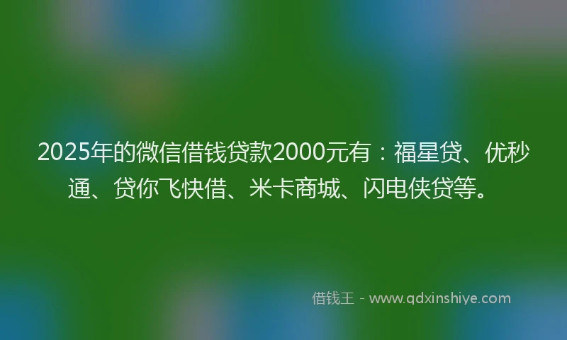 2025年的微信借钱贷款2000元有：福星贷、优秒通、贷你飞快借、米卡商城、闪电侠贷等。