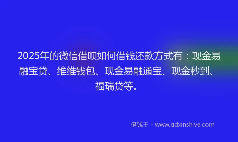 2025年的微信借呗如何借钱还款方式有：现金易融宝贷、维维钱包、现金易融通宝、现金秒到、福瑞贷等。