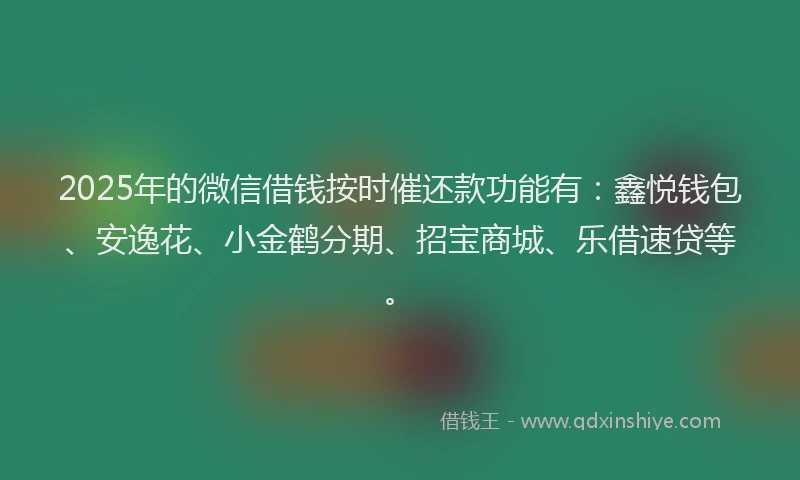 2025年的微信借钱按时催还款功能有：鑫悦钱包、安逸花、小金鹤分期、招宝商城、乐借速贷等。