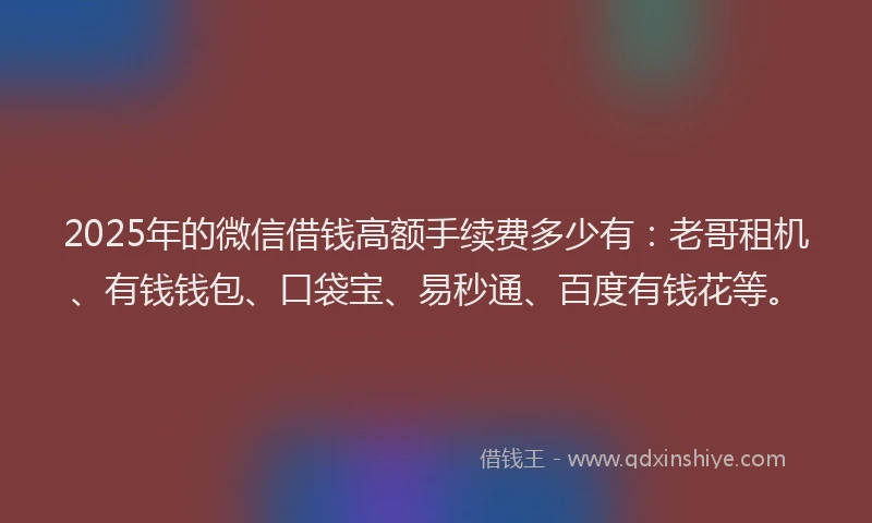 2025年的微信借钱高额手续费多少有：老哥租机、有钱钱包、口袋宝、易秒通、百度有钱花等。