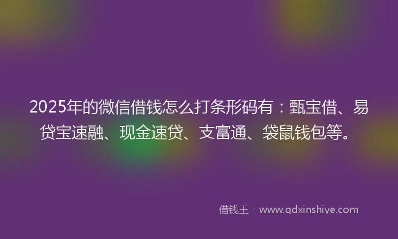 2025年的微信借钱怎么打条形码有：甄宝借、易贷宝速融、现金速贷、支富通、袋鼠钱包等。