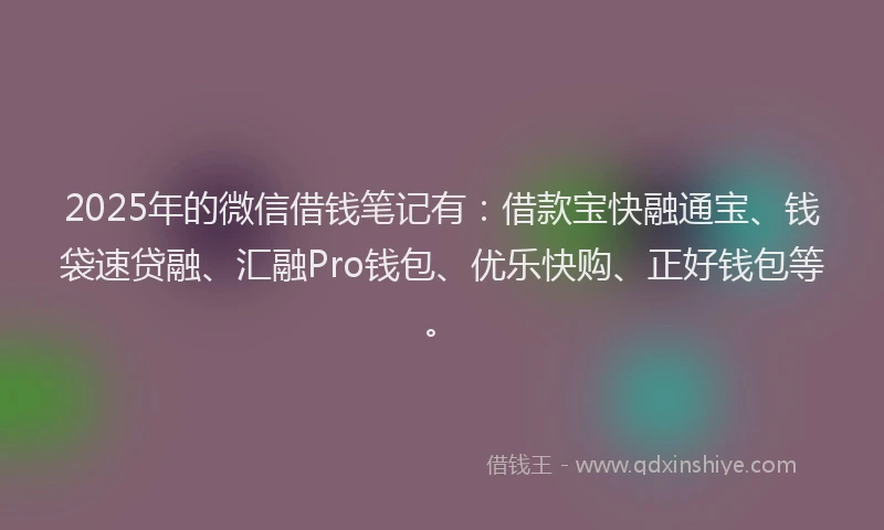 2025年的微信借钱笔记有：借款宝快融通宝、钱袋速贷融、汇融Pro钱包、优乐快购、正好钱包等。