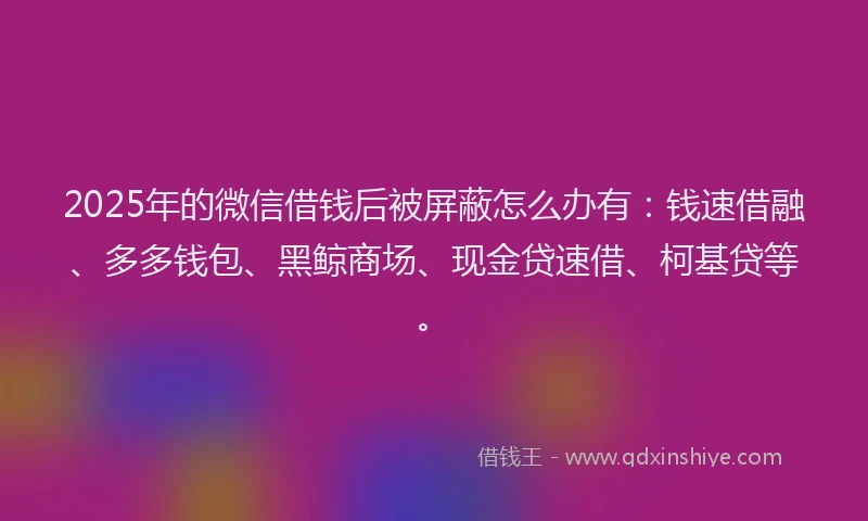 2025年的微信借钱后被屏蔽怎么办有：钱速借融、多多钱包、黑鲸商场、现金贷速借、柯基贷等。