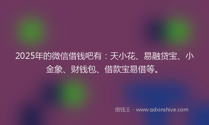 2025年的微信借钱吧有：天小花、易融贷宝、小金象、财钱包、借款宝易借等。