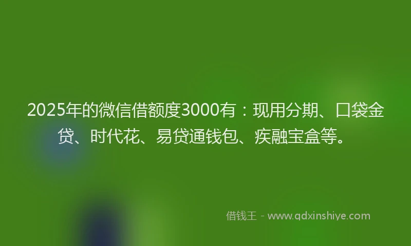2025年的微信借额度3000有：现用分期、口袋金贷、时代花、易贷通钱包、疾融宝盒等。