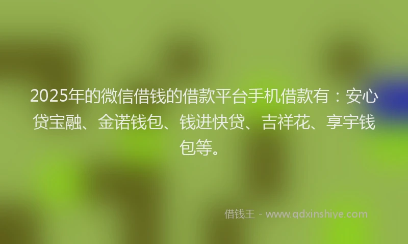 2025年的微信借钱的借款平台手机借款有：安心贷宝融、金诺钱包、钱进快贷、吉祥花、享宇钱包等。