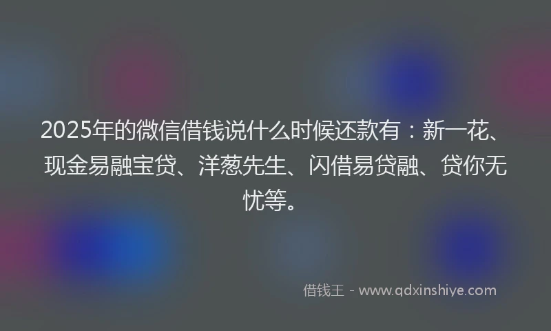 2025年的微信借钱说什么时候还款有：新一花、现金易融宝贷、洋葱先生、闪借易贷融、贷你无忧等。
