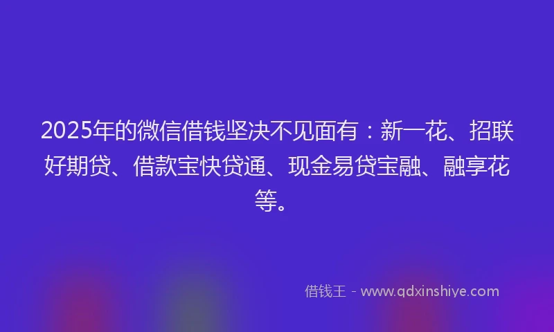 2025年的微信借钱坚决不见面有：新一花、招联好期贷、借款宝快贷通、现金易贷宝融、融享花等。