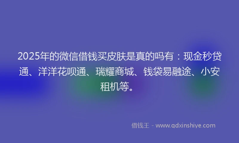 2025年的微信借钱买皮肤是真的吗有：现金秒贷通、洋洋花呗通、瑞耀商城、钱袋易融途、小安租机等。