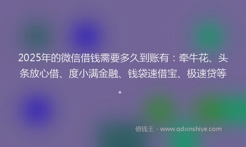 2025年的微信借钱需要多久到账有：牵牛花、头条放心借、度小满金融、钱袋速借宝、极速贷等。