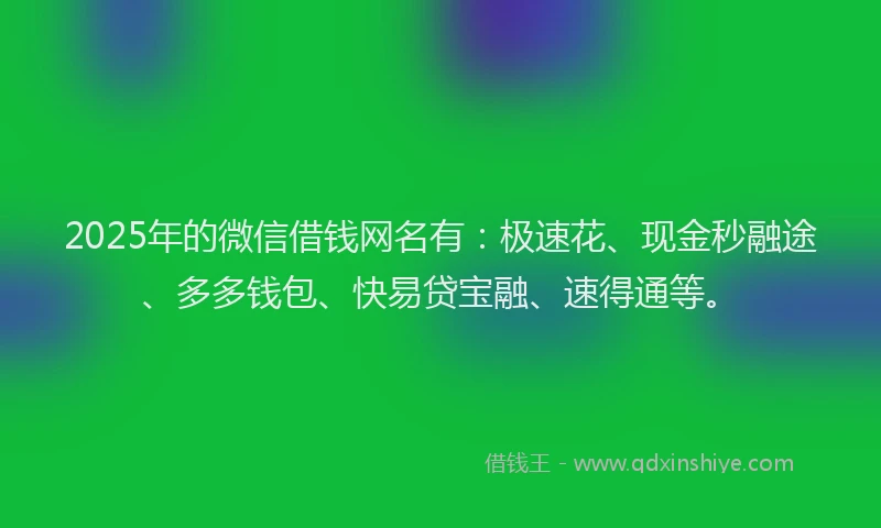 2025年的微信借钱网名有：极速花、现金秒融途、多多钱包、快易贷宝融、速得通等。