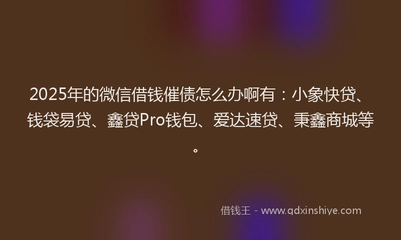 2025年的微信借钱催债怎么办啊有：小象快贷、钱袋易贷、鑫贷Pro钱包、爱达速贷、秉鑫商城等。