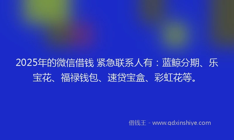 2025年的微信借钱 紧急联系人有：蓝鲸分期、乐宝花、福禄钱包、速贷宝盒、彩虹花等。