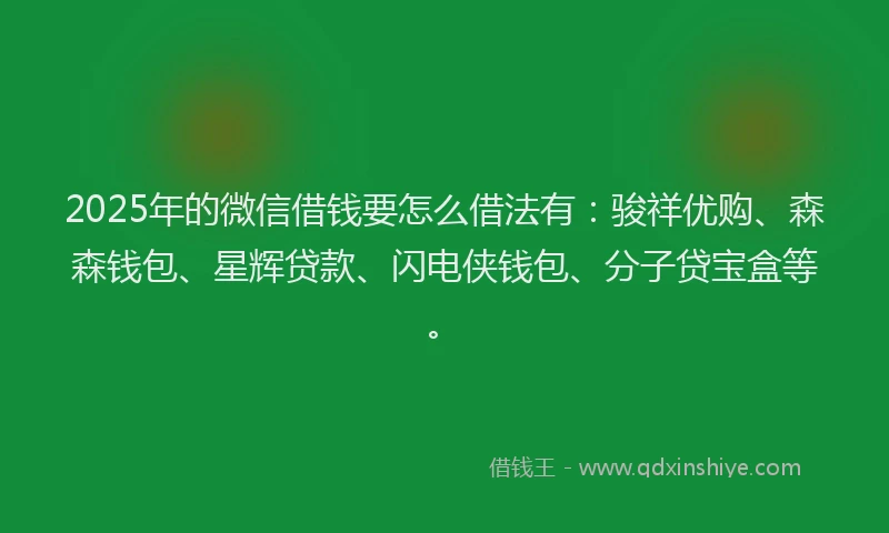2025年的微信借钱要怎么借法有：骏祥优购、森森钱包、星辉贷款、闪电侠钱包、分子贷宝盒等。