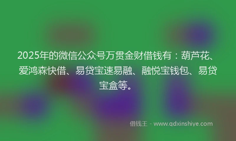 2025年的微信公众号万贯金财借钱有：葫芦花、爱鸿森快借、易贷宝速易融、融悦宝钱包、易贷宝盒等。
