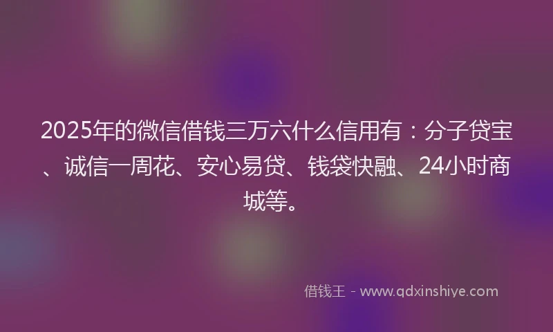 2025年的微信借钱三万六什么信用有：分子贷宝、诚信一周花、安心易贷、钱袋快融、24小时商城等。