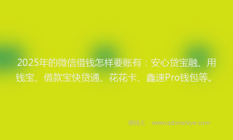 2025年的微信借钱怎样要账有：安心贷宝融、用钱宝、借款宝快贷通、花花卡、鑫速Pro钱包等。