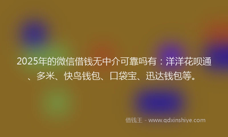 2025年的微信借钱无中介可靠吗有：洋洋花呗通、多米、快鸟钱包、口袋宝、迅达钱包等。