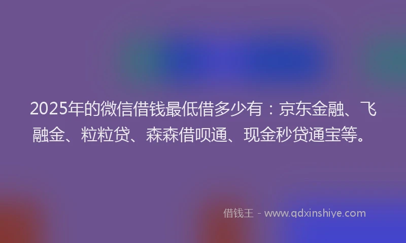 2025年的微信借钱最低借多少有：京东金融、飞融金、粒粒贷、森森借呗通、现金秒贷通宝等。
