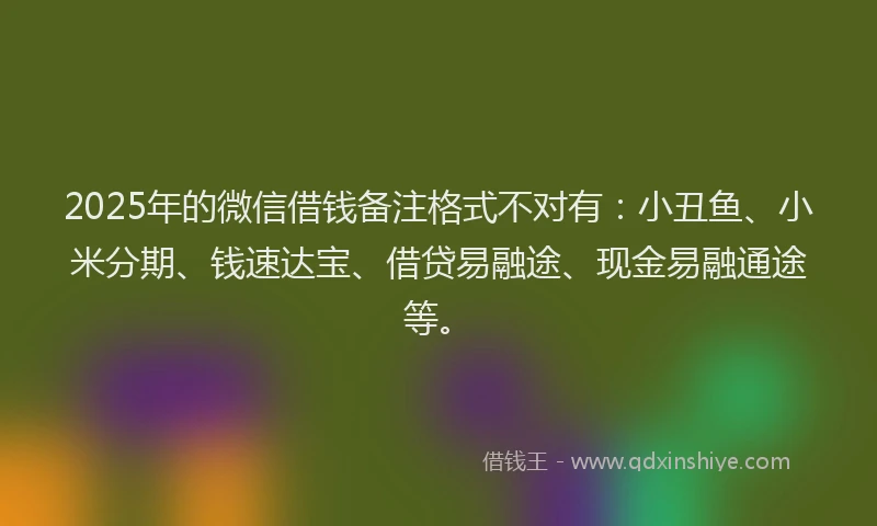 2025年的微信借钱备注格式不对有：小丑鱼、小米分期、钱速达宝、借贷易融途、现金易融通途等。