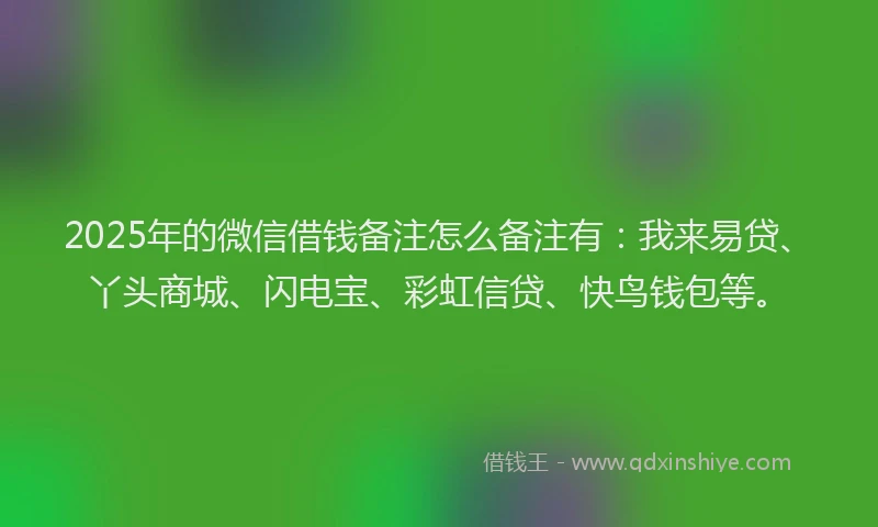 2025年的微信借钱备注怎么备注有：我来易贷、丫头商城、闪电宝、彩虹信贷、快鸟钱包等。