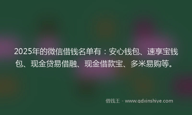 2025年的微信借钱名单有：安心钱包、速享宝钱包、现金贷易借融、现金借款宝、多米易购等。