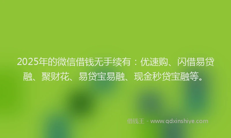 2025年的微信借钱无手续有：优速购、闪借易贷融、聚财花、易贷宝易融、现金秒贷宝融等。