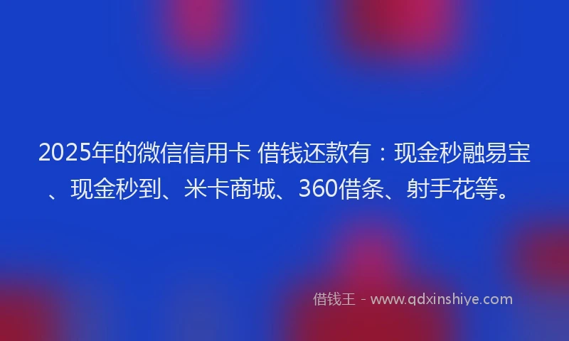 2025年的微信信用卡 借钱还款有：现金秒融易宝、现金秒到、米卡商城、360借条、射手花等。